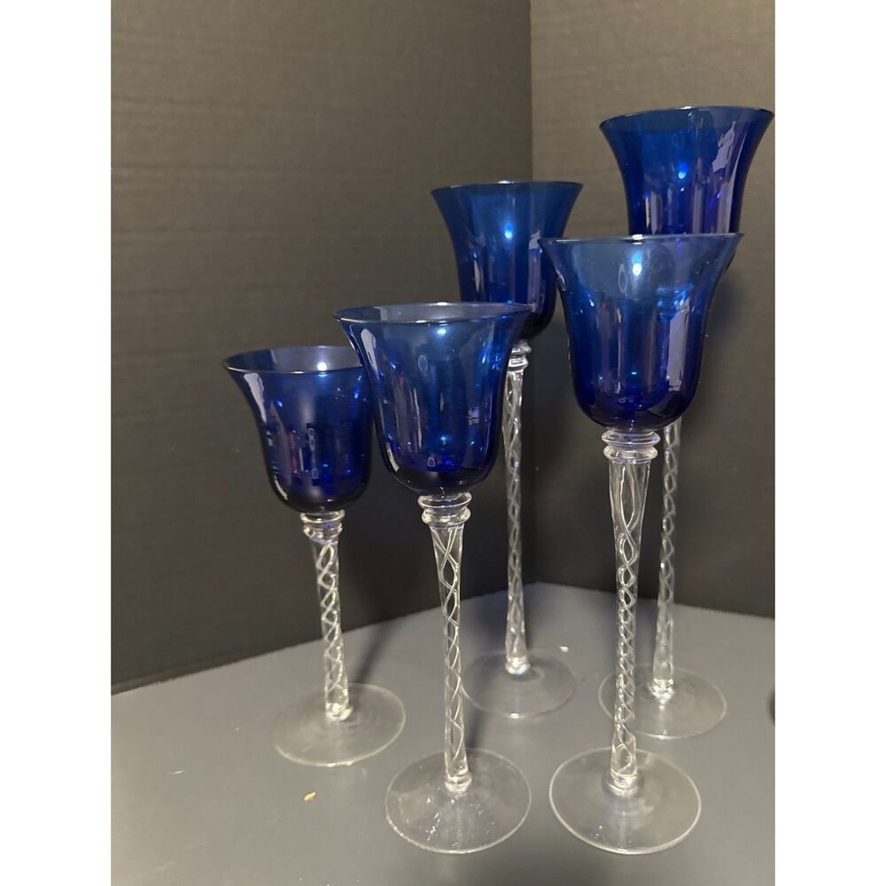 Set of 5 Vintage Cobalt Blue Tea Light Holders  - Twisted Clear Stems